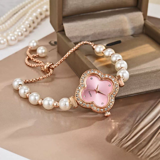 Student Watch Alloy Four Leaf Clover Pearl Decorated Gold Buckle