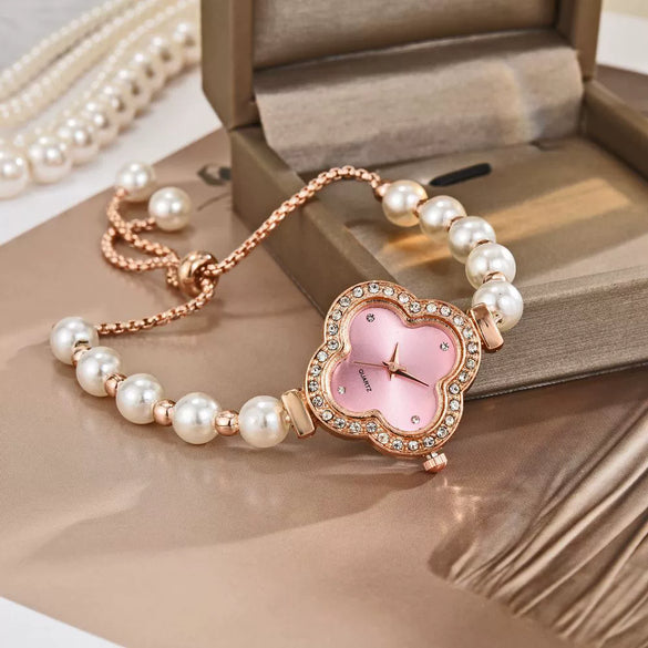 Student Watch Alloy Four Leaf Clover Pearl Decorated Gold Buckle