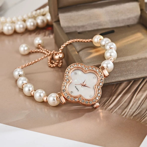 Student Watch Alloy Four Leaf Clover Pearl Decorated Gold Buckle