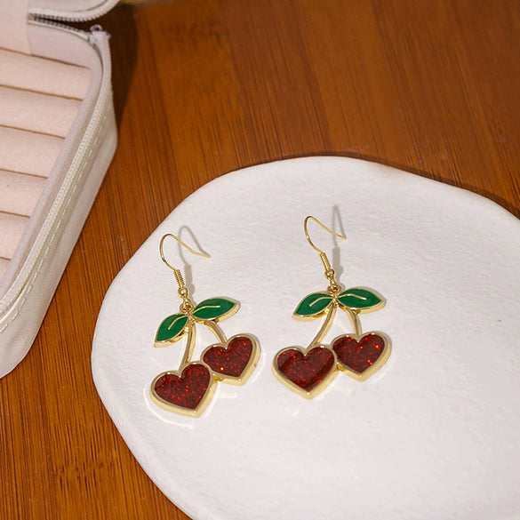 Style Fresh Cherry Love Earrings Sweet Girl's Heart Drop Oil Cherry Long Earrings Simple Decoration