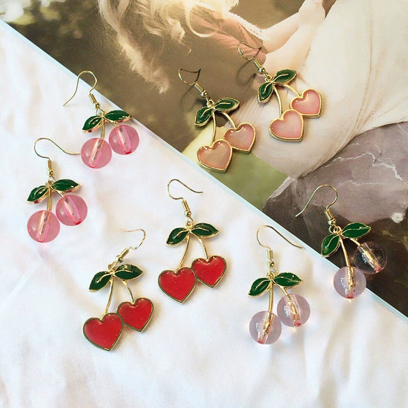 Style Fresh Cherry Love Earrings Sweet Girl's Heart Drop Oil Cherry Long Earrings Simple Decoration