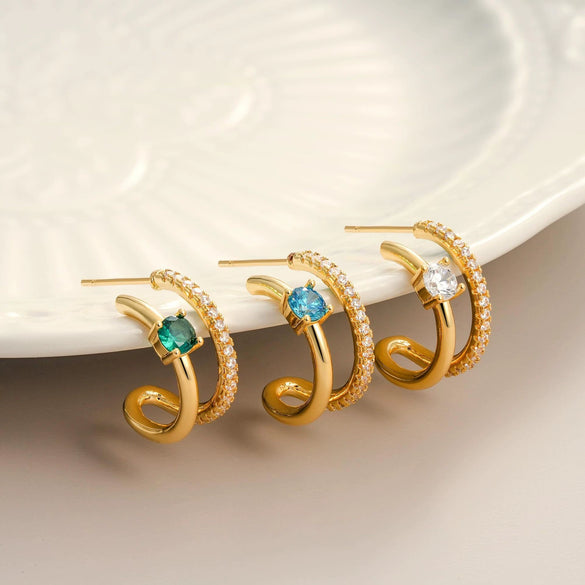 Stylish Electroplated Copper Geometric Double Circle Zircon Gold Hoop Earrings For Women