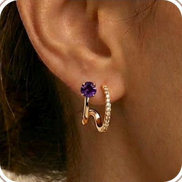Stylish Electroplated Copper Geometric Double Circle Zircon Gold Hoop Earrings For Women