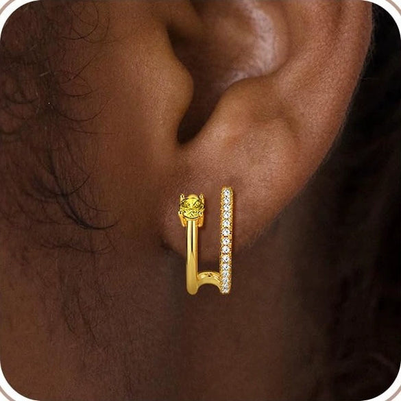 Stylish Electroplated Copper Geometric Double Circle Zircon Gold Hoop Earrings For Women