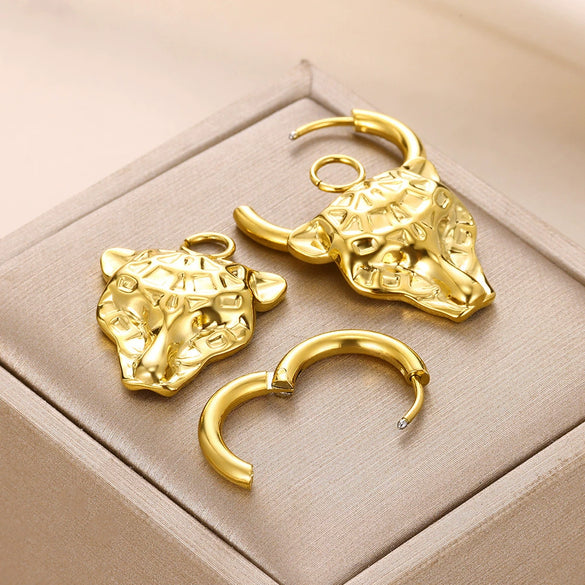 Stylish Ins Style Stainless Steel Cheetah Animal Hugging Circle Removable Earrings Electroplated