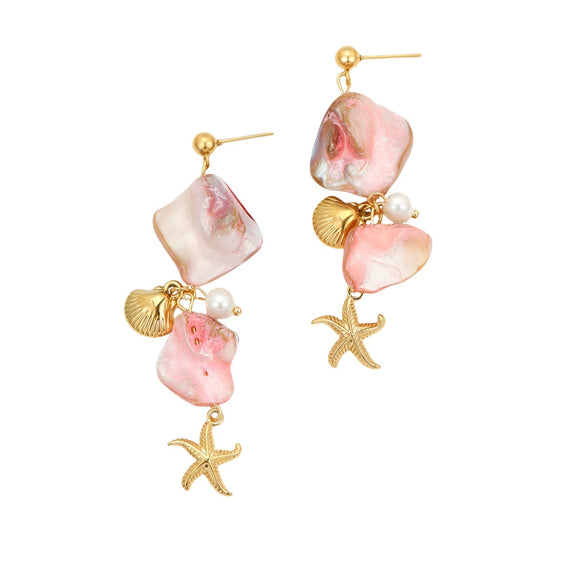 Stylish Stainless Steel 18K Electroplated Women's Starfish Pink Shell Earrings