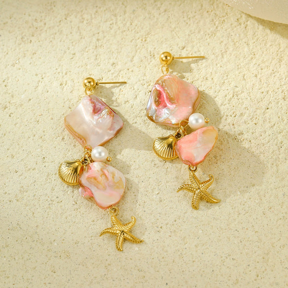 Stylish Stainless Steel 18K Electroplated Women's Starfish Pink Shell Earrings