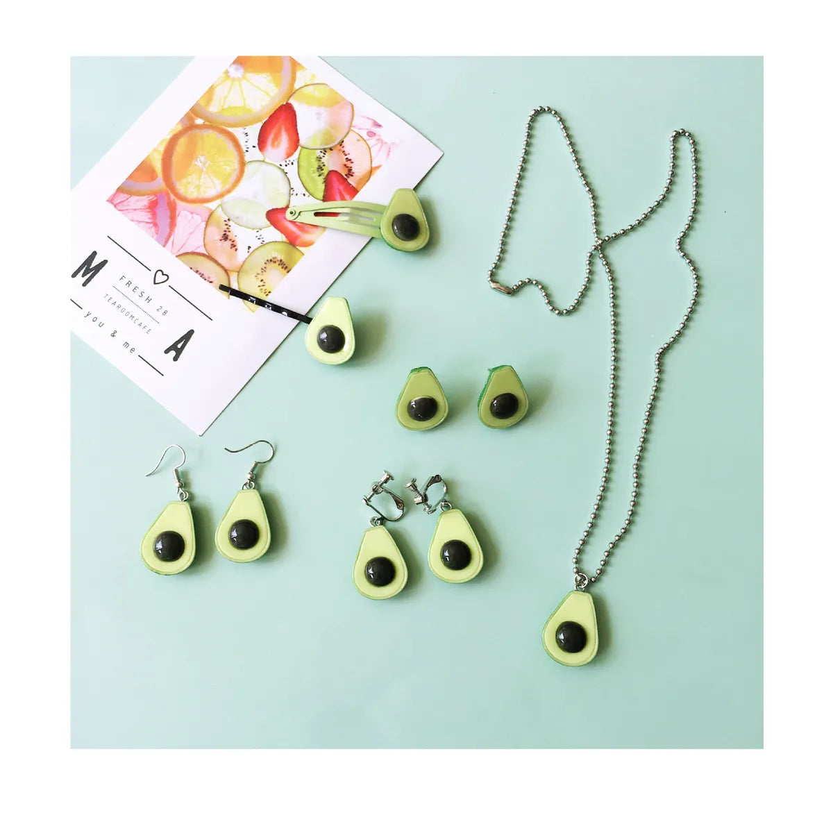 Summer Avocado Cute Simulation Fruit Hairpin Necklace Earrings