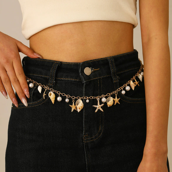 Summer Beach Shell Waist Chain For Women Metal Imitation Pearl Starfish Conch Body Chain