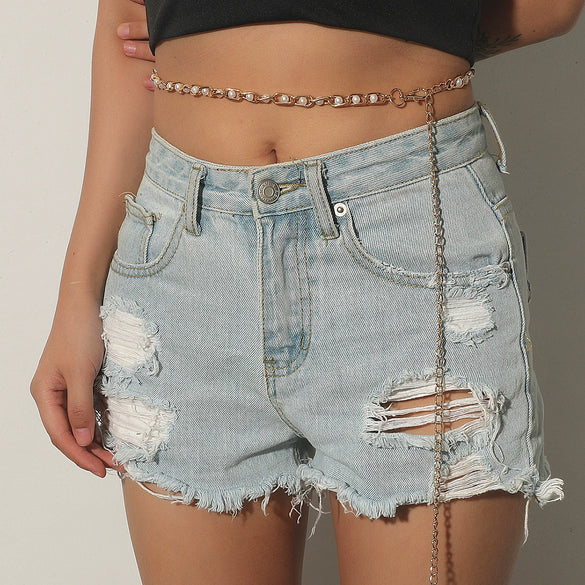 Summer Beach Shell Waist Chain For Women Metal Imitation Pearl Starfish Conch Body Chain