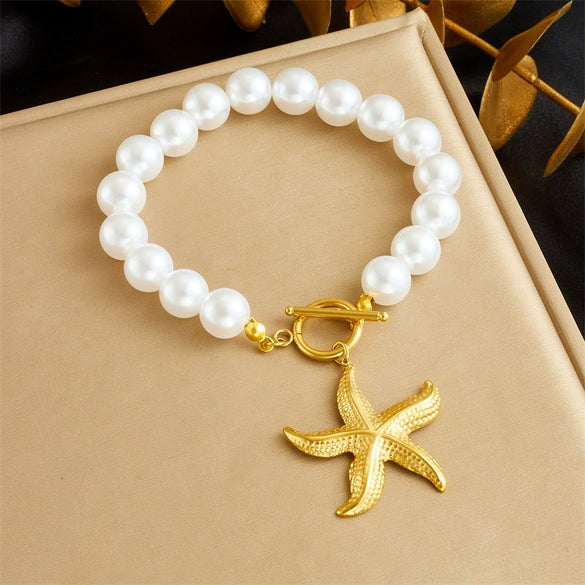 Summer Beach Wind Stainless Steel Necklace With Starfish Pendant And Geometric Design Electroplated For Women