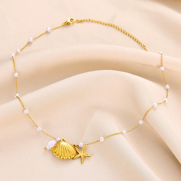 Summer Beach Wind Stainless Steel Starfish Pendant Necklace With Cross Chain Electroplating Treatment