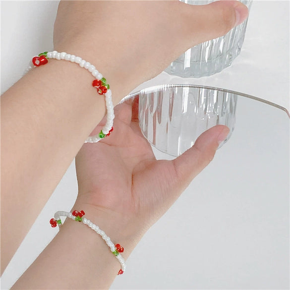 Summer Fresh Crystal Beaded Cherry Handmade Fruit Shaped Women's Bracelet