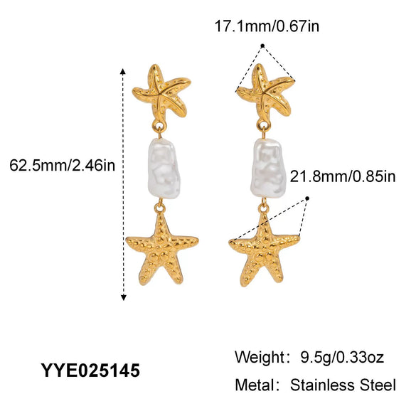 Summer Fresh Starfish Pearl Earrings For Women Stainless Steel With Pvd Furnace Vacuum Real Gold Plating