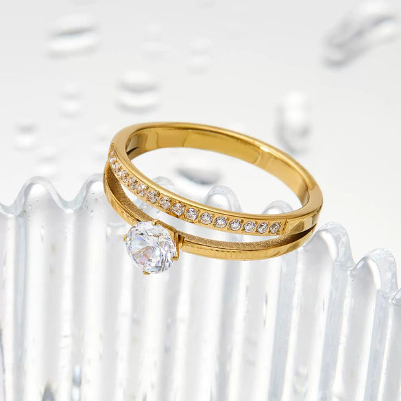 Summer New Stainless Steel Cnc Dense Diamond Ring With Geometric Design Electroplated Simple And Fashionable For Women