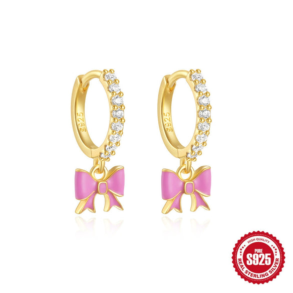 Summer New Women's Girl Style Oil Drop Bowknot S925 Sterling Silver Earrings With Geometric Pattern And Inlaid Zircon