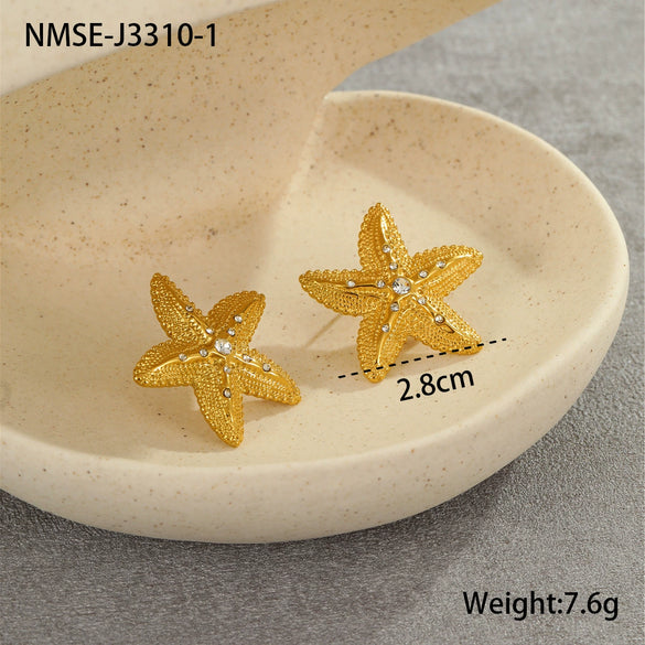 Summer Ocean Resort Style Stainless Steel Earrings With Starfish Texture Inlaid With Zircon Pearl And Star Shape Electroplated Design For Women