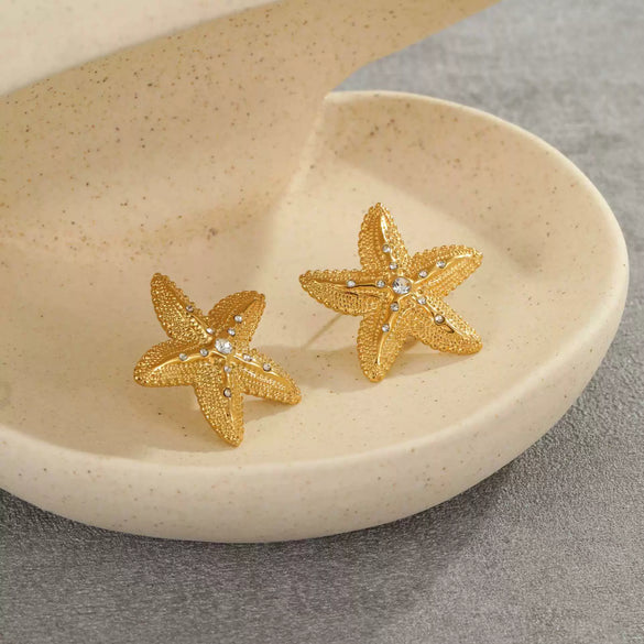 Summer Ocean Resort Style Stainless Steel Earrings With Starfish Texture Inlaid With Zircon Pearl And Star Shape Electroplated Design For Women