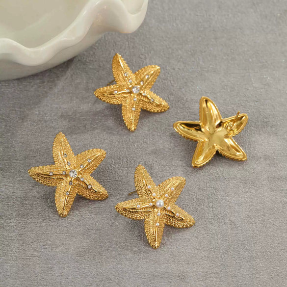 Summer Ocean Resort Style Stainless Steel Earrings With Starfish Texture Inlaid With Zircon Pearl And Star Shape Electroplated Design For Women