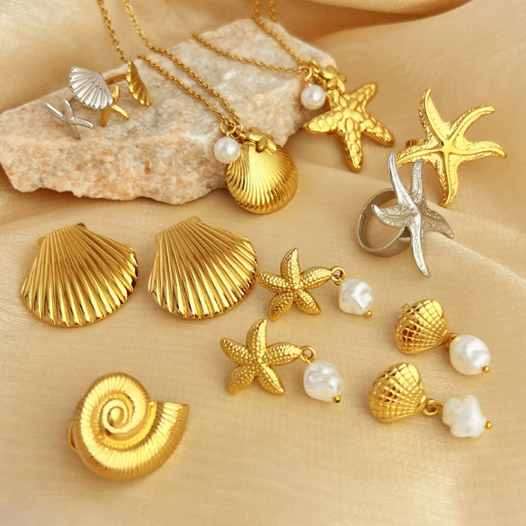Summer Ocean Series Stainless Steel Ring Earrings Necklace With Heart Shape Pattern And Electroplating For Women