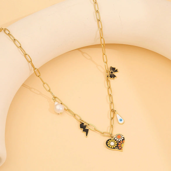 Summer Pastoral Style Love Heart Pendant Stainless Steel Necklace With Dripping Oil Treatment