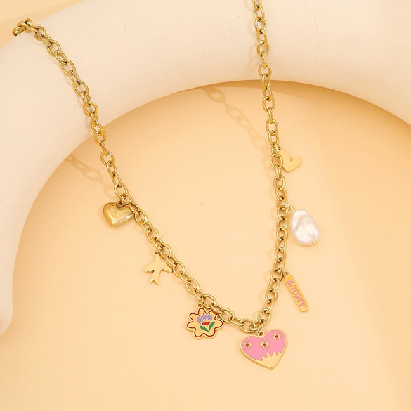 Summer Pastoral Style Love Heart Pendant Stainless Steel Necklace With Dripping Oil Treatment