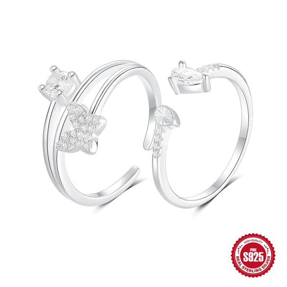Summer S925 Sterling Silver Double Layer Butterfly Open Dropshaped Zircon Fashion Ring For Women