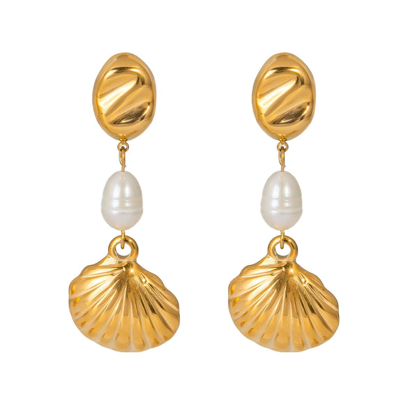 Summer Shell Pearl Earrings For Women Stainless Steel Casual Minimalist Style With Pvd Furnace Vacuum Real Gold Plating