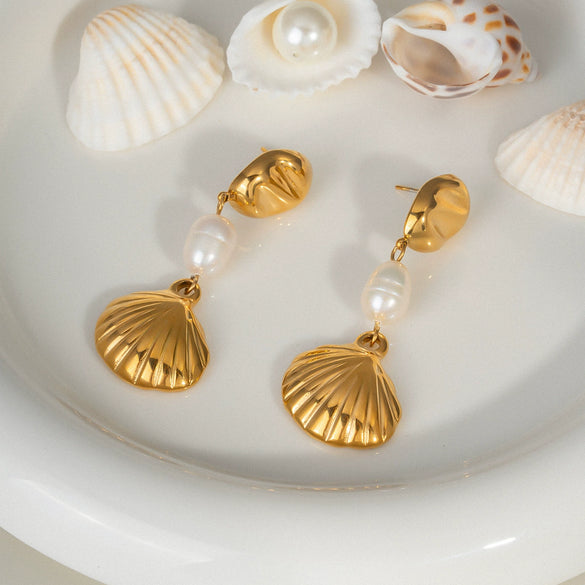 Summer Shell Pearl Earrings For Women Stainless Steel Casual Minimalist Style With Pvd Furnace Vacuum Real Gold Plating
