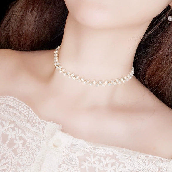 Summer Short Clavicle Chain Fashion Necklace With Faux Pearl And Geometric Artificial Crystal