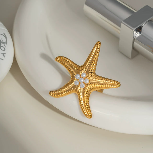 Summer Starfish Pearl Ring For Women Fashionable Exaggerated Niche Design Stainless Steel Jewelry With Pvd Furnace Vacuum Real Gold Plating