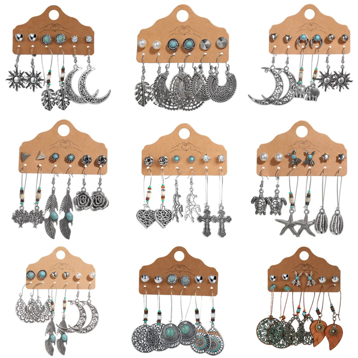 Sun Leaf Moon 6 Pairs Of Earrings Creative Retro Hollow Carved Earrings Wholesale