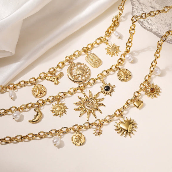 Sun Moon Pendant Necklace Stainless Steel Retro 18K Gold Plated Geometric Style