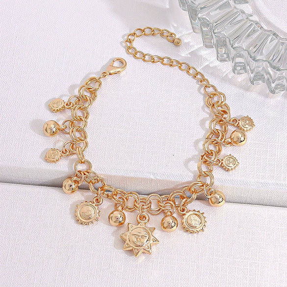 Sun Motif Geometric Zinc Alloy Chain Bracelet Unisex Fashion Jewelry With Flexible Chain Design