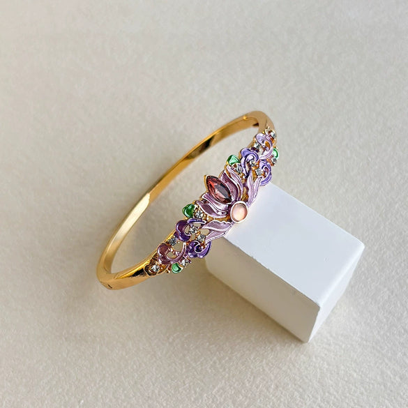 Sunflower Enamel Openwork Bangle With Cloisonné Craftsmanship And Plated Finish Floral Jewelry Wholesale