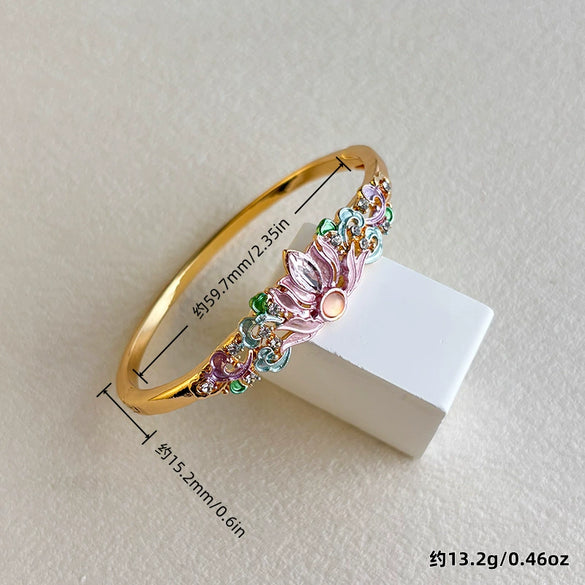 Sunflower Enamel Openwork Bangle With Cloisonné Craftsmanship And Plated Finish Floral Jewelry Wholesale