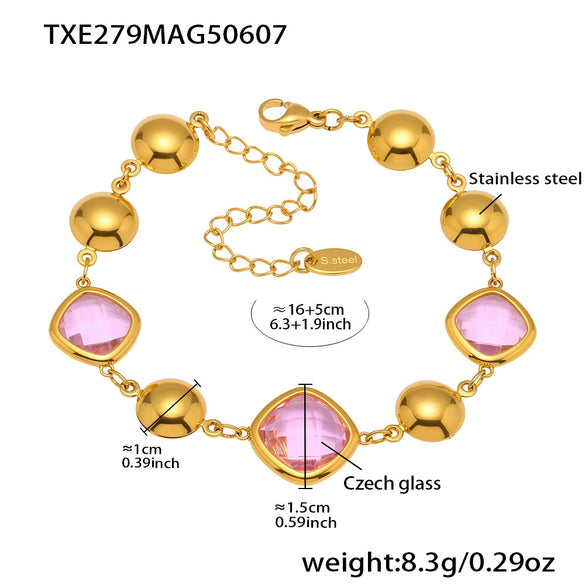Super Shiny Imported Czech Glass Bracelet In Fashion Style With Geometric Shape Made Of Stainless Steel And 18K Real Gold Plated By Electroplating