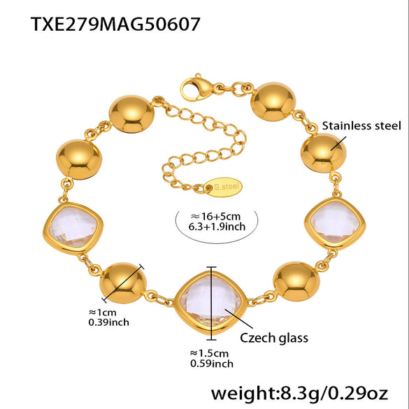 Super Shiny Imported Czech Glass Bracelet In Fashion Style With Geometric Shape Made Of Stainless Steel And 18K Real Gold Plated By Electroplating