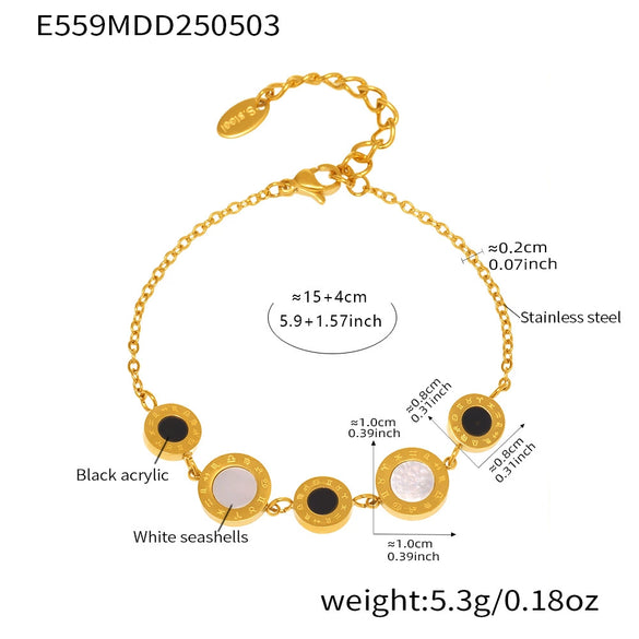 Super Texturized White Sea Black Acrylic Roman Numerals Women's Fashion Jewelry Bracelet Necklace In Stainless Steel With Geometric Shape And Electroplating