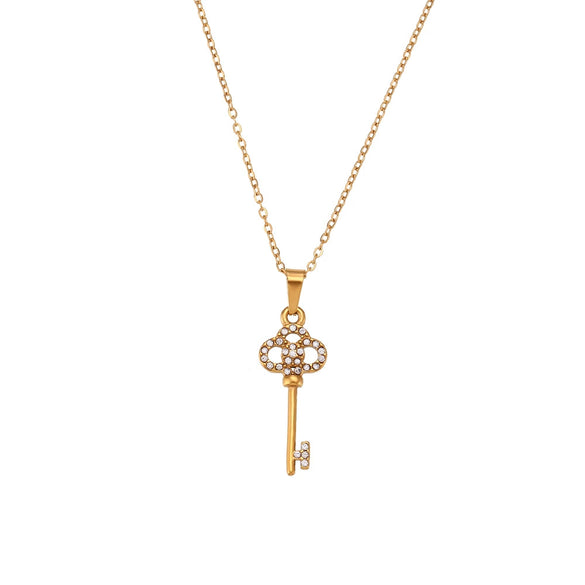 Sweater Chain Jewelry Titanium Steel Micro Inlay Retro Hollow Flower Key Pendant Necklace Stainless Steel Geometric Electroplated