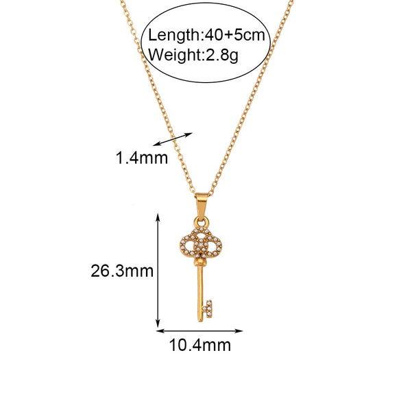Sweater Chain Jewelry Titanium Steel Micro Inlay Retro Hollow Flower Key Pendant Necklace Stainless Steel Geometric Electroplated