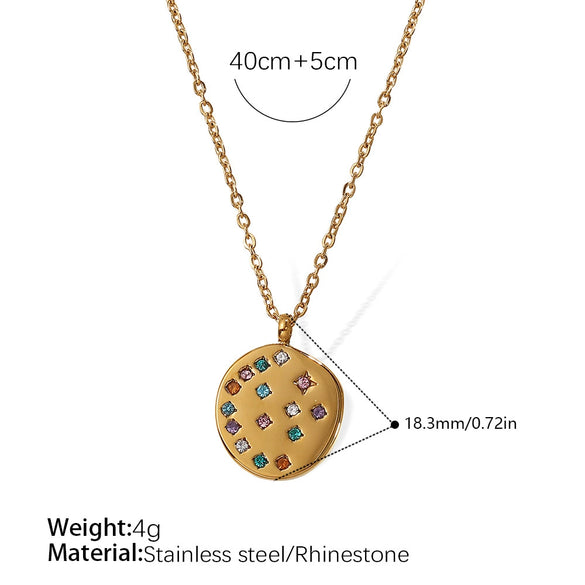 Sweater Chain Pendant Necklace Women Fashion Simple Temperament Crystal Zircon Round 316L Stainless Steel Electroplating