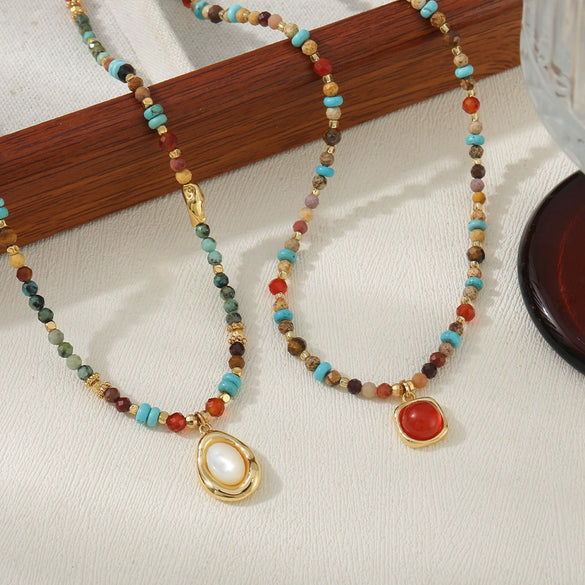 Sweater Chain Women's Retro Light Luxury Niche Stacked Clavicle Chain Handmade Red Agate Copper Geometric