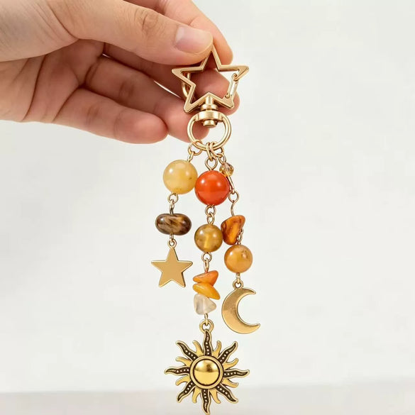 Sweet And Cool Star And Moon Zinc Alloy Keychain With Crushed Stone Pentagram Pendant Fashion Bag Charm Accessory