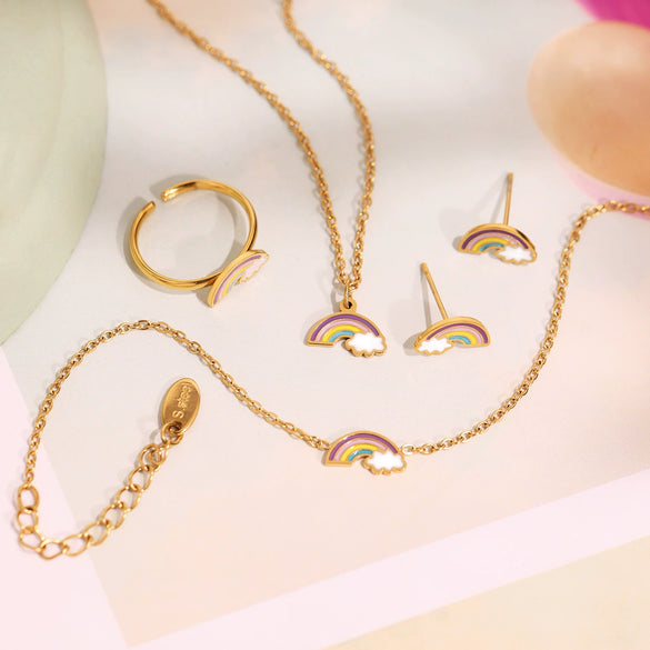 Sweet And Cute Kids' Jewelry Set With Oil Dripping Rainbow Cloud Design Titanium Steel And Stainless Steel Electroplated Earrings Necklace Bracelet Ring