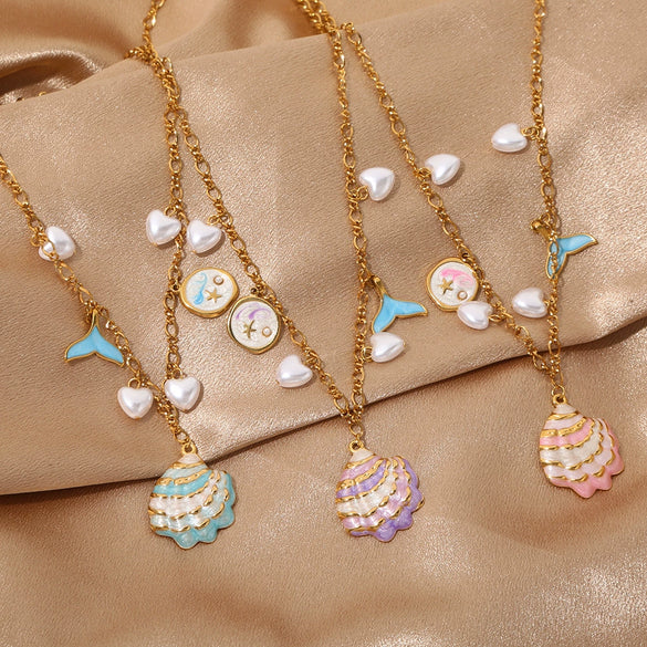 Sweet And Fresh Ocean Style Stainless Steel Necklace With Shell Fish Tail Heart Pendant And Oil Dripping Design