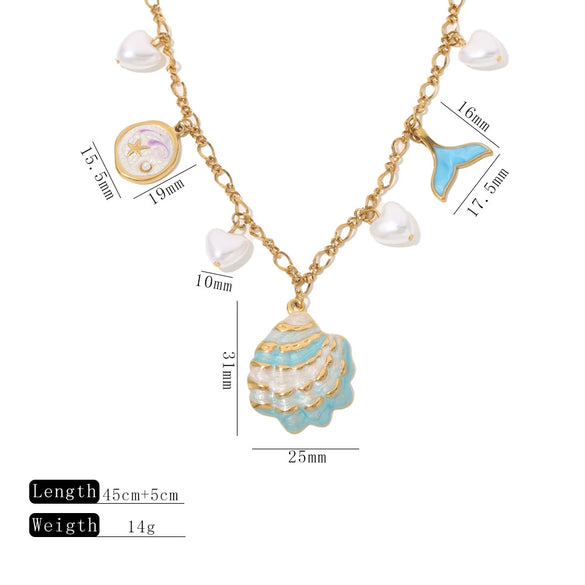 Sweet And Fresh Ocean Style Stainless Steel Necklace With Shell Fish Tail Heart Pendant And Oil Dripping Design