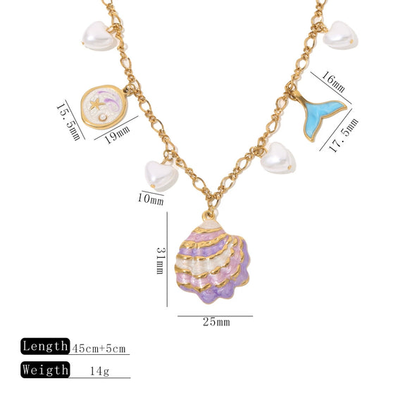 Sweet And Fresh Ocean Style Stainless Steel Necklace With Shell Fish Tail Heart Pendant And Oil Dripping Design