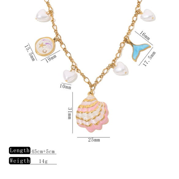 Sweet And Fresh Ocean Style Stainless Steel Necklace With Shell Fish Tail Heart Pendant And Oil Dripping Design