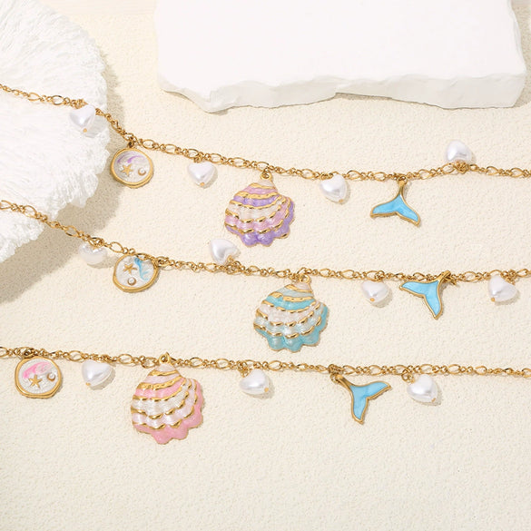 Sweet And Fresh Ocean Style Stainless Steel Necklace With Shell Fish Tail Heart Pendant And Oil Dripping Design